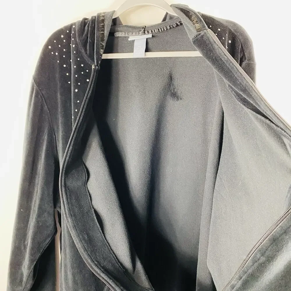 Liz & Me Sport Jacket 3X 26 28 Black Velour Hooded Rhinestone Embellished Zip Up